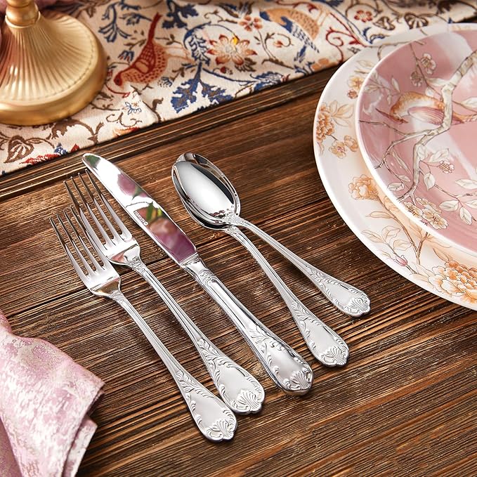 KEAWELL Premium  Regalia 20-Piece 18/10  Stainless Steel Flatware Set – European Classical Luxury Silverware Set, Dishwasher Safe for Everyday Meals and Formal Entertaining (20, Silver)