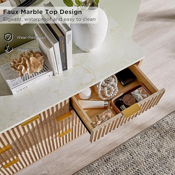 T4TREAM Fluted 7 Drawers Dresser, 54" Wide Modern Chest of Drawers with Faux Marble Top, Curved Profile Design, Dresser TV Stand, Wood Drawer Organizer for Bedroom, Living Room, Hallway, Natural Oak