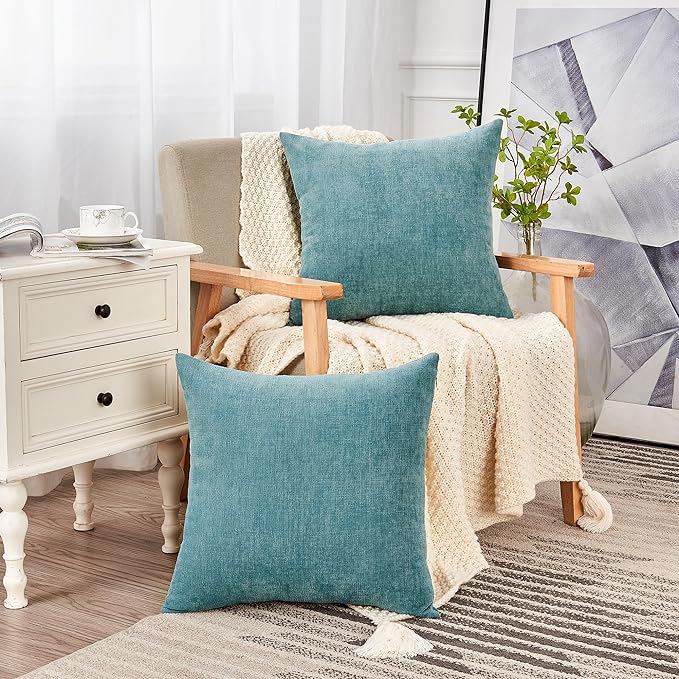 GAWAMAY Decorative Square Throw Pillow Covers 20"x20" Inch Set of 2, Super Soft Chenille Pillows Farmhouse Fall Pillowcase for Living Room Bedroom Sofa Couch Cushion Cover Smoke Blue 50x50cm