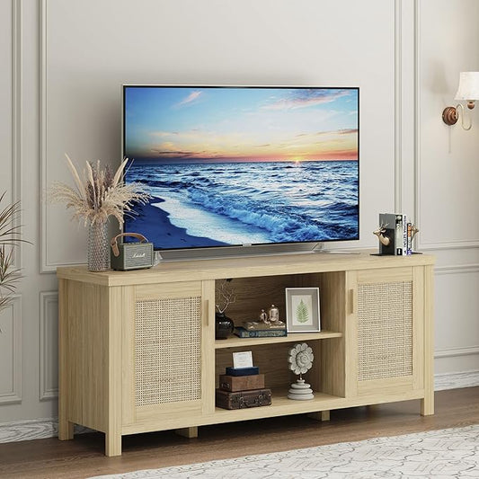TV Stand for 65 inch TV, Modern Mid Century Entertainment Center with Storage, Media Consol with Natural wood rattan Door Cabinets and Open Shelves, Wooden, for Living Room, Bedroom, MLTV21YR