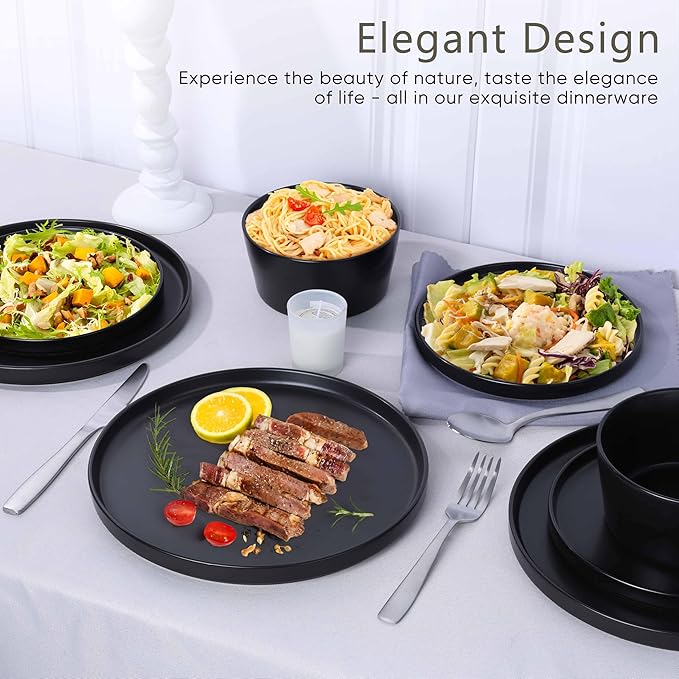 Herogo 24 Pieces Stoneware Dinnerware Set, Service for 8, Dinner Plates and Bowls Sets, Double Reactive Glaze Dishes Set for Kitchen, Scratch Resistant, Dishwasher Safe, Matte Black
