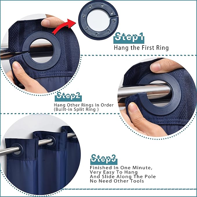 Conbo Mio No Hook Waffle Weave Shower Curtain with Snap in Liner Set, Hotel Luxury Dark Blue Shower Curtains for Bathroom with See Through Top Window, Waterproof, Washable 71W x 74H Stripe