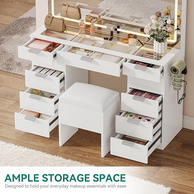 YITAHOME LED Makeup Vanity Table, Glass Top Vanity Desk with Hidden Storage Stool, Vanity with Built-in Power Outlets and USB Ports