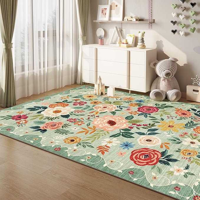 DUKINO 5x7 Area Rug, Floral Rugs for Living Room, Lightweight Non Slip Washable Rug, Indoor Low Pile & Non-Shedding Boho Design Rugs for Bedroom, Living Room, Dining Room, Green