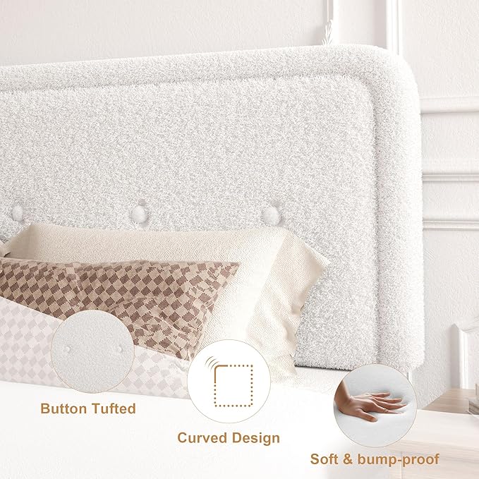 Queen Size Boucle Platform Bed Frame, Anti-Collision Soft Rounded Corners, Adjustable Headboard, No Box Spring Needed, Easy Assembly, Noise Free, White