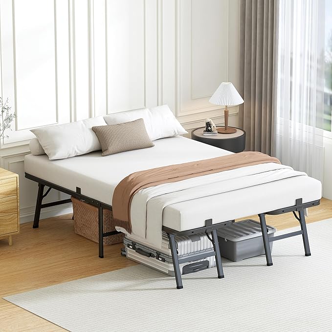 14 Inch Full Metal Bed Frame Folding Bed Frame Tool-Free Assembly Mattress Foundation No Box Spring Needed Platform 2500lbs Heavy Duty Steel Slats, Noise-Free, Easy Assembly, Black