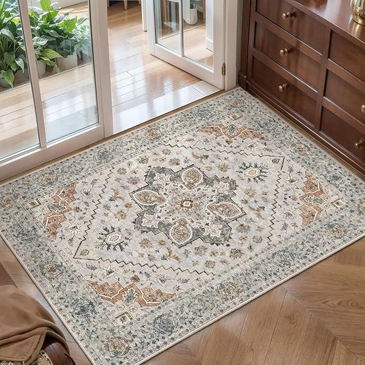 Tangsoo Vintage Rug 2x3 Washable Rug for Entryway, Non Slip Small Area Rug, Indoor Front Door, Print Distressed Taupe Door Mat Carpet, Soft Low Pile Rugs for Entrance Kitchen Bedroom Bathroom