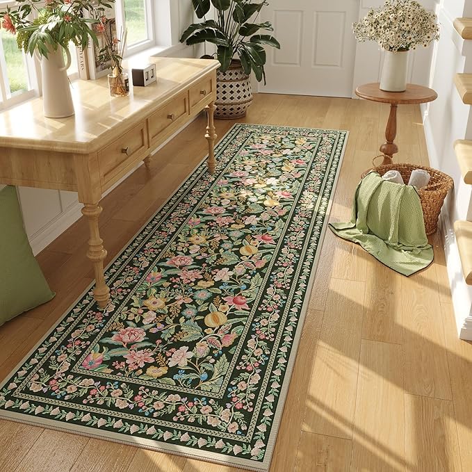Runner Rug for Kitchen Rug Non Slip 2'6"x8' Washable Rugs with Rubber Backing Soft Vintage Floral Carpet Runner for Kitchen, Laundry, Bedroom, Bathroom, Green