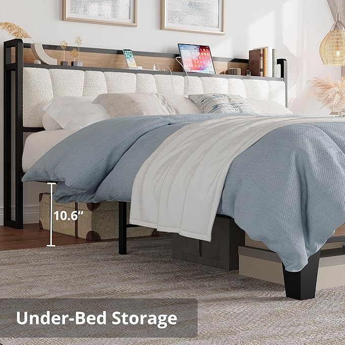 LIKIMIO California King Bed Frames, Storage Headboard with Charging Station, Solid and Stable, Noise Free, No Box Spring Needed, Easy Assembly, Wood and Cream