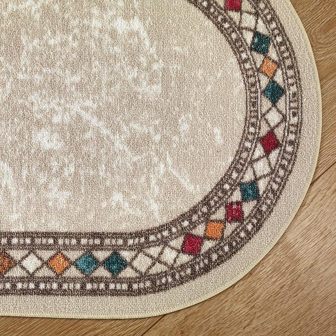 Antep Rugs Alfombras Modern Bordered 2x5 Non-Skid (Non-Slip) Low Profile Pile Rubber Backing Kitchen Area Rugs (Beige, 2' x 5' Oval)