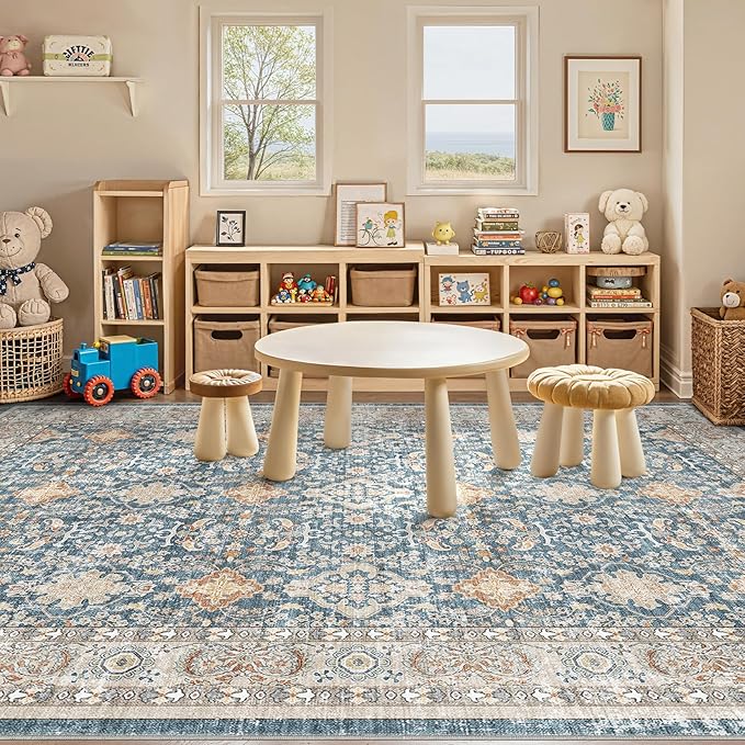 Area Rugs for Living Room: 8x10 Washable Rug Vintage Boho Floral Print - Ultra Thin Stain Resistant Large Soft Non Slip Foldable Carpets for Bedroom Dining Room Office Nursery - Blue
