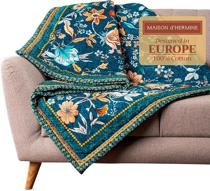 Maison d' Hermine Throw Blanket for Couch Lightweight Soft Warm Breathable Cotton Throw Blankets for Bed Girls Boys Women Men Sofa Travel Living Room Chair Bedding (50"x60", Luxury Loft - Dark Teal)