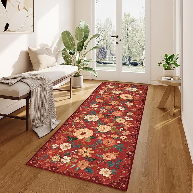DUKINO 2x6 Runner Rug for Hallway, Washable Kitchen Runner Rug with Non Slip Backing, Low Pile Soft Boho Floral Runner for Kitchen, Hallway, Entryway, Laundry, Bedroom, Red