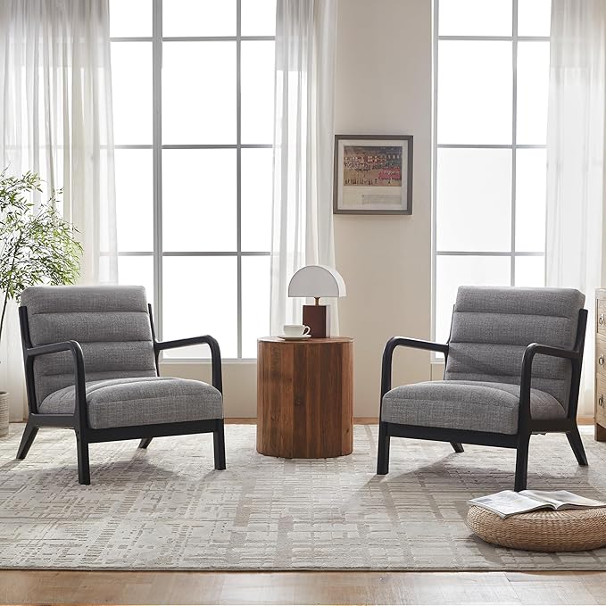 VKNOW Accent Chair with Rubberwood Frame Accent Chair Set of 2, Mid-Century Modern Upholstered Reading Armchair, High Back Lounge Armchair Living Room Chair for Bedroom Reading Room, Grey