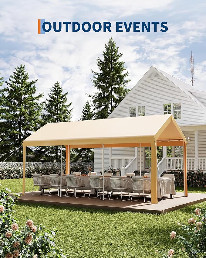 Garvee 10x20 Heavy Duty Carport, Galvanized Steel Outdoor Car Canopy with UV-Resistant & Water-Resistant PE Cover, Portable Garage for SUV, Truck, Boat, Yellow