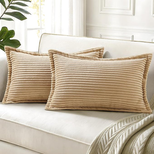 decorUhome Corduroy Light Brown Throw Pillow Covers 12x20 Set of 2 Decorative Soft Boho Striped Lumbar Neutral Euro Farmhouse Couch Pillow Covers with Broadside for Living Room Bed Sofa