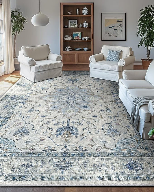 Area Rugs 10'x14' Washable Non-Slip, Floral Vintage Distress Print Pattern Medallion Carpet for Living Room Bedroom Dining Room, Light Blue Navy Beige Gray White