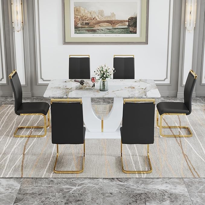 Dining Table Set for 6, Kitchen Table Chairs Set of 6, Modern Dining Room Set 71'' Faux Marble Dinner Table PU Leather Upholstered Chairs for Kitchen (Black-Golden, 71” White Table Set)