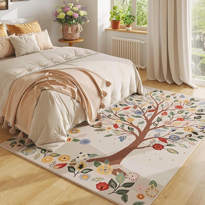 Area Rugs 8x10 for Living Room Clearance Bohemian Washable Rug Non Slip Floral Tree Low Pile Large Rug for Bedroom, Farmhouse, Dining Room, Kids Playroom, Beige