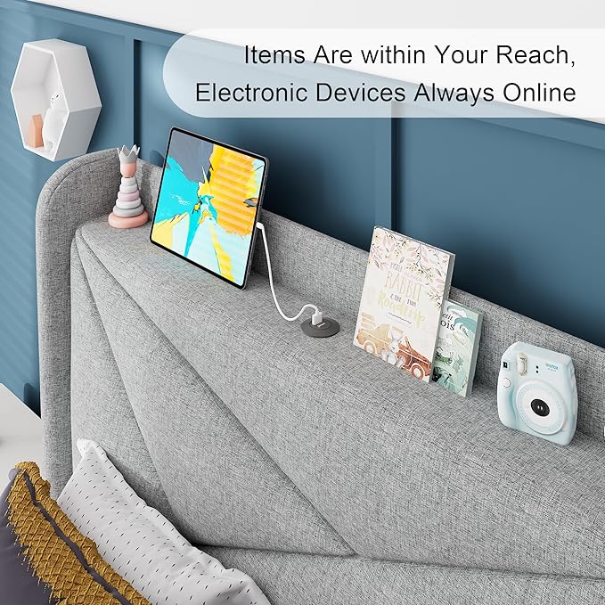 Feonase Twin Bed Frames, Upholstered Bed Frame with Charging Station, Wingback Storage Headboard, No Box Spring Needed, Noise-Free, Light Gray