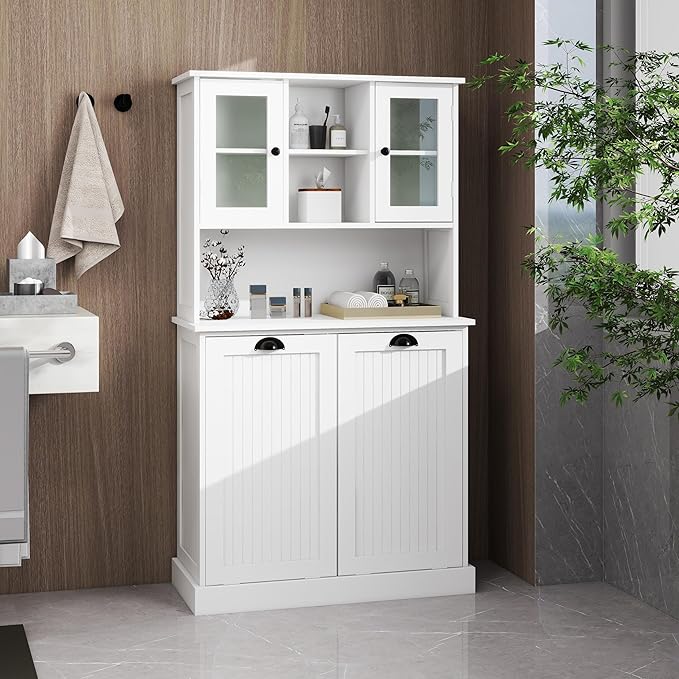 Tall Bathroom Laundry Cabinet with Tilt Out Laundry Hamper, Laundry Room Storage Cabinet with Two Glass Doors, Display Shelves, White (32.68" W x 14.57" D x 59.69" H)