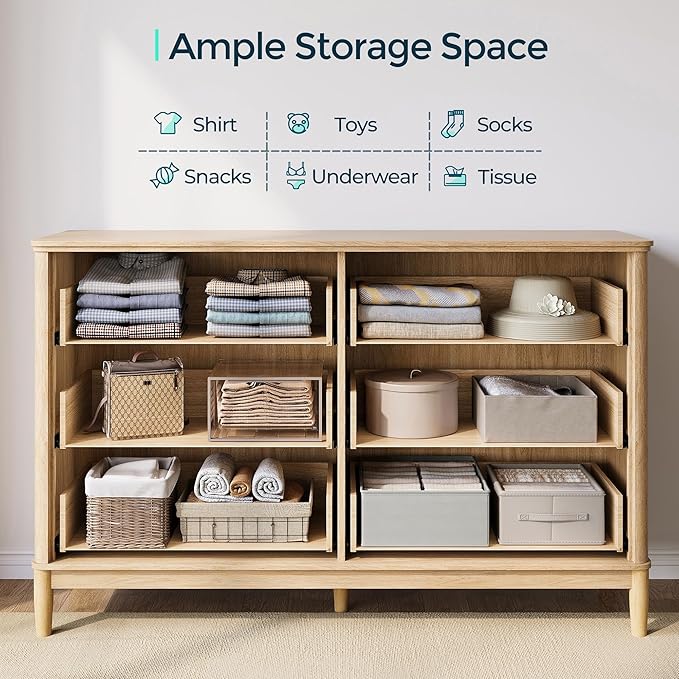 LINSY HOME Fluted Dresser for Bedroom with 6 Drawers, 54" Wide Chest of Drawers, Mid Century Modern Dresser TV Stand with Metal Handle, Wood Closet Storage Cabinet for Living Room, Hallway, Oak