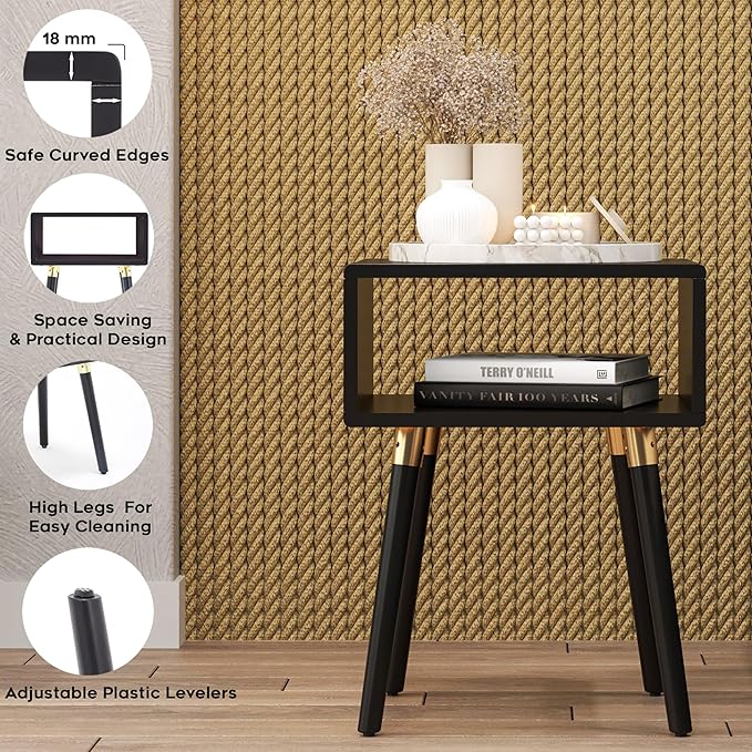 Bme Dinkee Solid Wood Nightstand, Fully Assembled, Without Drawer for Mid Century Bedroom and Living Room, Black