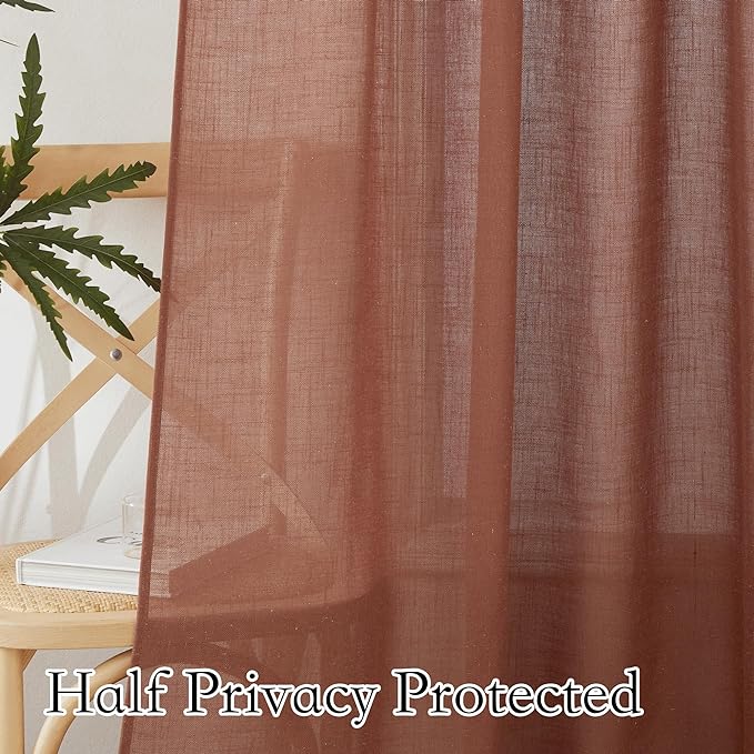 RYB HOME 108 inch Curtains Linen Woven - Modern Elegant Shabby Chic Semi Translucent Drapes Sun Filter Glare Control for Sliding Glass Door Hallway Hotel, W 52 x L 108 inch, 2 Panels Set, Terracotta