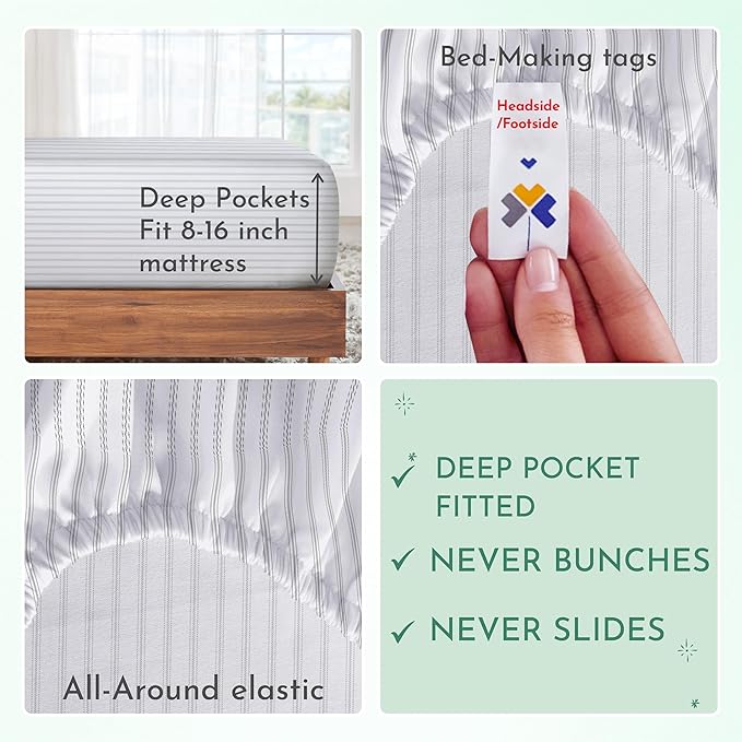 California Design Den Luxury King Size Sheet Set - 100% Cotton, 600 Thread Count Deep Pocket King Sheets, Hotel-Quality Bedding with Sateen Weave - Ticking Stripe Pattern