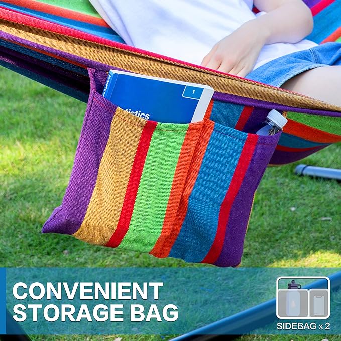 PNAEUT Double Hammocks with Stand for Outside, Portable Space Saving Heavy-Duty Steel Stand for Indoor Outdoor Patio, 450 lbs Capacity (Tropical)