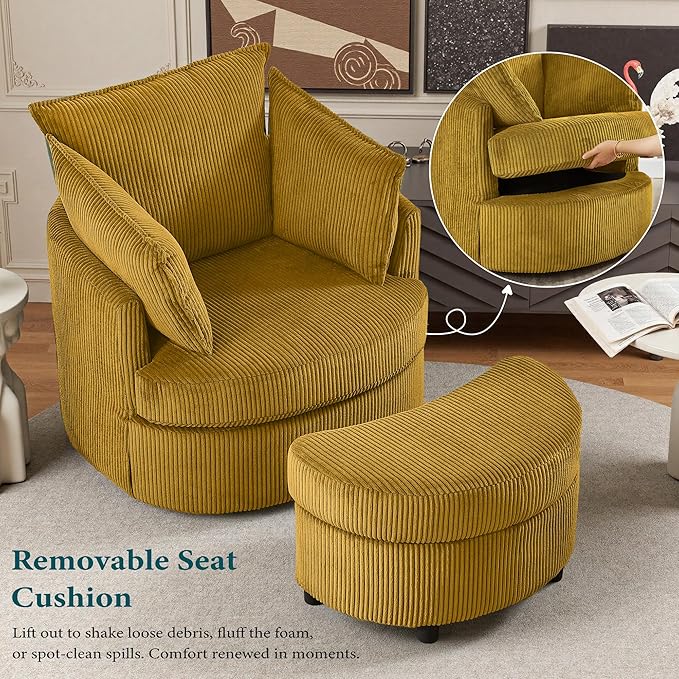 Swivel Accent Chair with Ottoman Comfy Reading Chairs for Bedroom Modern Corduroy Arm Chair 360°Swivel Barrel Chairs for Living Room,Apartment (Yellow, 2)