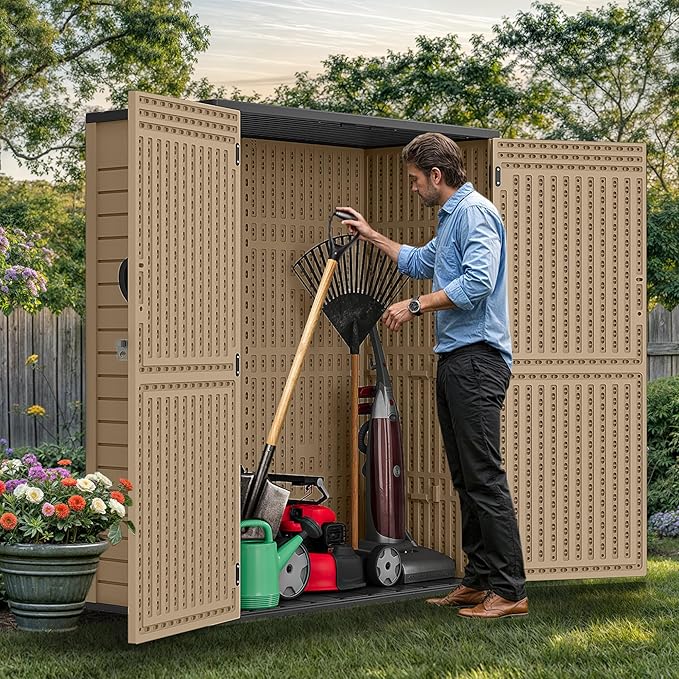 YITAHOME 59 Cuft Outdoor Tall Storage Shed, Waterproof Vertical Resin Shed for Garden, Garage, Patio, Lockable Tool Storage, No Shelves Included, Brown