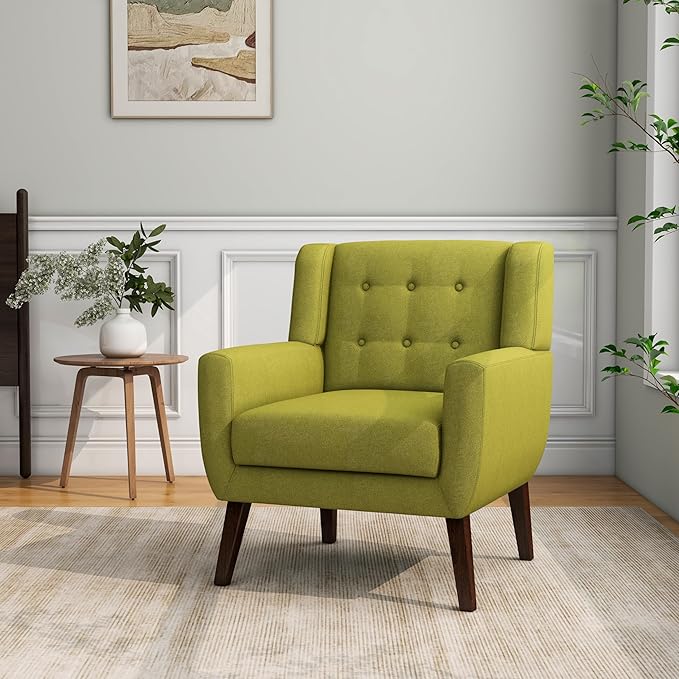 Accent Chair, Mid-Century Modern Fabric Chairs with Arms for Living Room, Comfy Upholstered Club Single Sofa Armchair for Bedroom Waiting Room with Solid Wood Frame (Fabric Green, Set of 2)