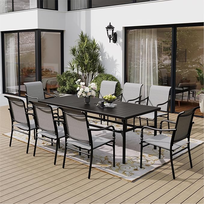 Patio Table and Chairs Set of 8, All-Weather Breathable Textilene Patio Chair with Gourd-Shaped Armrests, 83x39 Rectangle Table with Umbrella Hole, 9 Pcs Metal Frame Patio Dining Set
