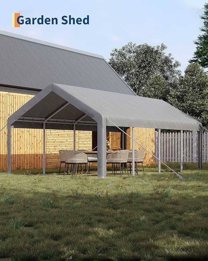 13x25 Ft Carport with 10 Sandbags, Car Port with 220g PE Tarp, 2 Roll-Up Doors, and 4 Windows, for Full-Size Pickups, Bass Boats, Tractors, and SUVs, Gray