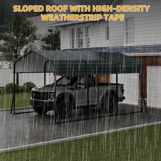 10 x 15 FT Metal Carport with Galvanized Steel Roof, Heavy Duty Metal Roof Carport with Enhanced Base, Tall Kits Garage for Tractors, Trucks, Boats, Cars