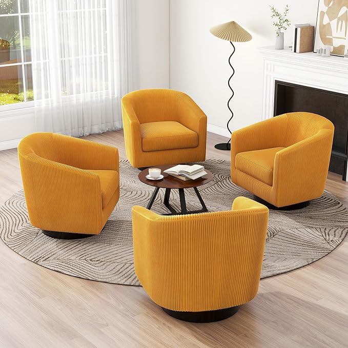 UIXE Swivel Accent Chair, Upholstered Corduroy Barrel Chair for Living Room, Small Single Sofa Bedroom Reading Seat, Set of 4, Orange