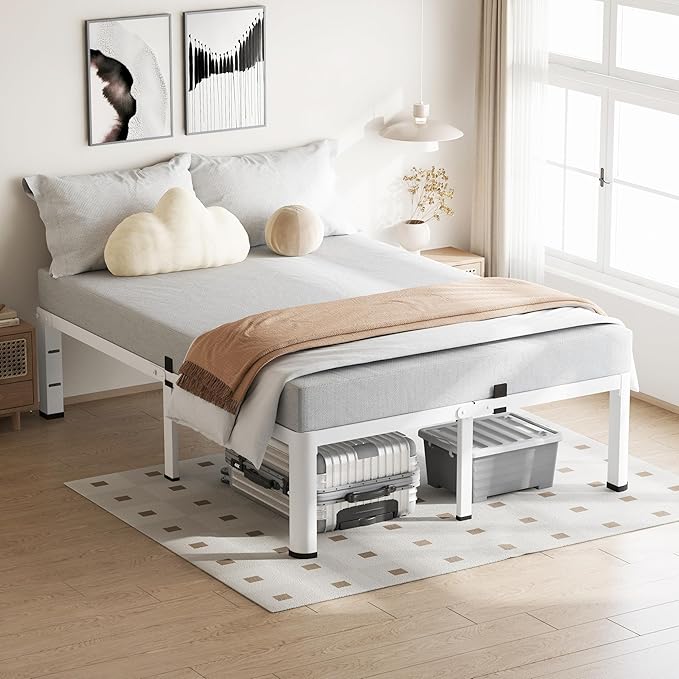 18 Inch King Size White Bed Frame, 3500Lbs Heavy Duty Metal Platform with Round Corner Legs Mattress Slide Stopper, Steel Slat Support No Box Spring Needed, Noise Free, Non-Slip, Easy Assembly