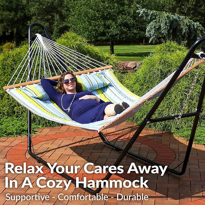 Sunnydaze Double Quilted Fabric Hammock with Universal Steel Stand - 450-Pound Capacity - Black Stand - Blue and Green