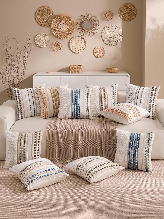 KOOLIFE Fall Boho Chenille Tufted Throw Pillow Covers 18x18 Inch Set of 2 Farmhouse Striped Couch Decorative Pillow Covers Accent Neutral Pillowcase Yellow Orange Cushion Cover for Livingroom Sofa Bed