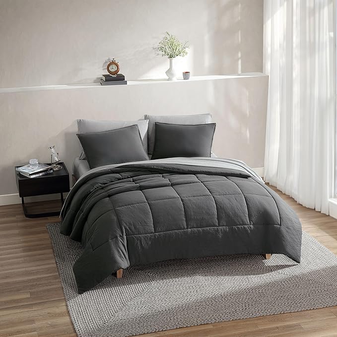 UGG Leonora Comforter Set with 2 Pillow Shams Lightweight Down Alternative Blanket Reversible Cozy Warm All Season Washable and Hypoallergenic Bedding Set, Full/Queen, Charcoal Grey