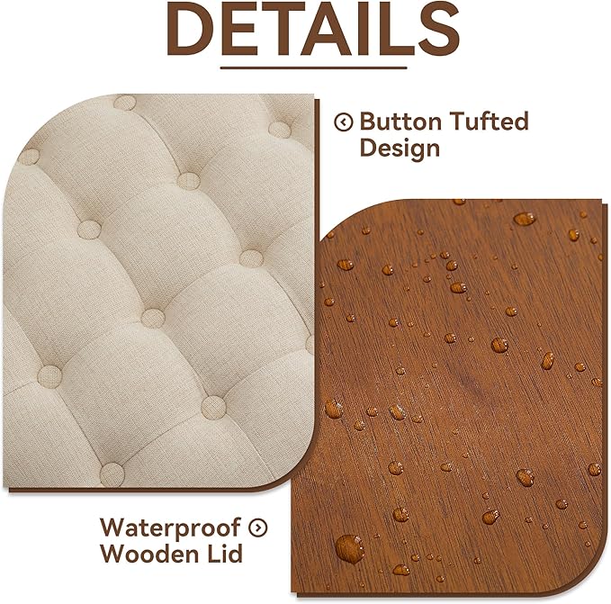 24Inch Round Storage Ottoman with Tray, Modern Tufted Fabric Circle Coffee Table with Storage, Upholstered Ottoman with Removable Top for Living Room, Bedroom, Khaki