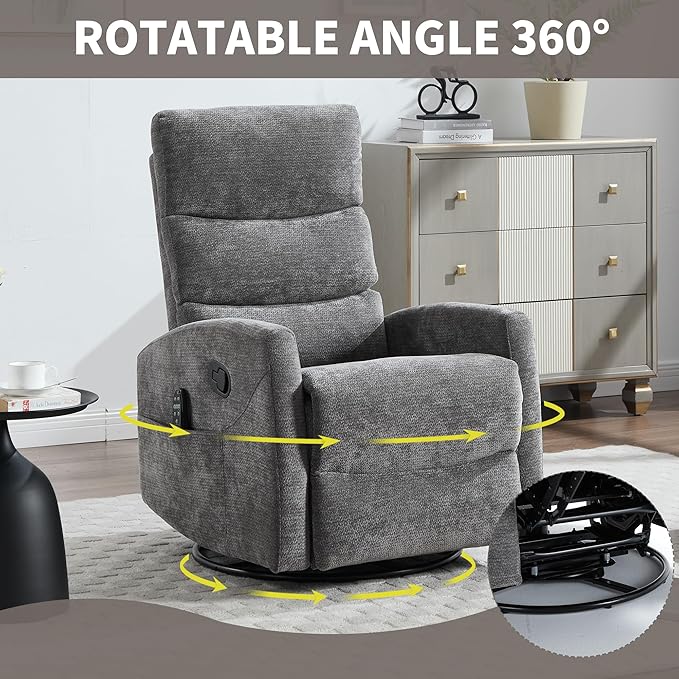 PELUMY Massage Recliner Chair with Heat - Manual Rocker Swivel Recliner, 360° Rotation & 155° Recline for Living Room（Linen Fabric, Grey）