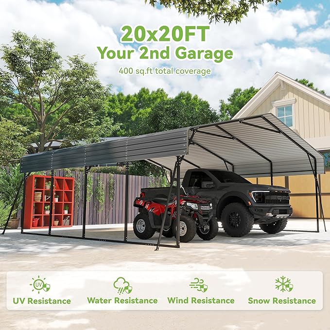 Real Relax 20x20ft Heavy Duty Metal Carport with Galvanized Steel Roof, 4 Support Legs, Outdoor Car Port Shelter for 2 Cars, Trucks and Boats