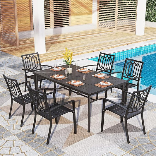 PHI VILLA 7-Piece Outdoor Dining Set, Rectangular Metal Table (64") with Umbrella Hole and 6 Stackable Dining Chairs – Perfect for Patio, Garden, Deck, Porch, and Yard, 7PCS Outdoor Dining Set Style 2