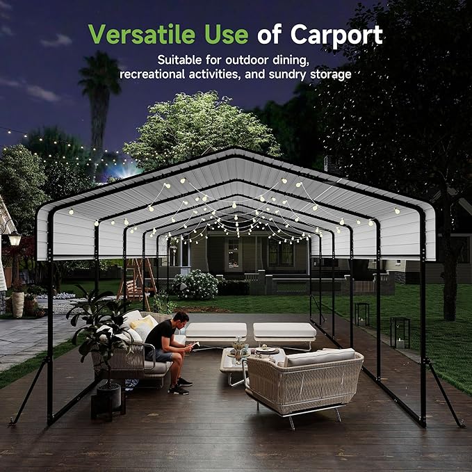 Real Relax 13' x 26' Metal Carport, Heavy Duty Carport with Galvanized Steel Roof with Metal Frame, Extra Long Outdoor Garage Car Shelter Shade for SUV Trucks and Boats, Gray