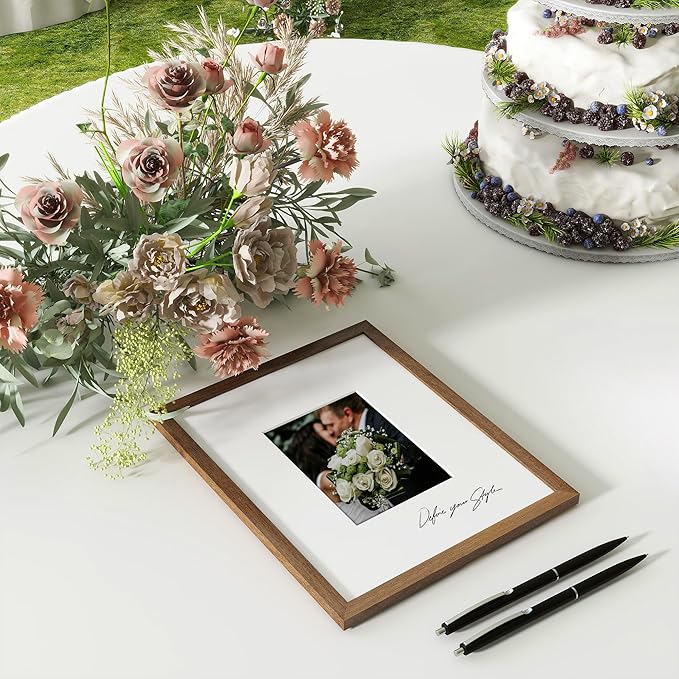 Axeman 11x14 Signature Picture Frame - Solid Oak Wood 11x14 Picture Frame With Mat to 5x7, Graduation Wedding Birthday Guest Book Party Signing, Hanging Hardware Included, Walnut