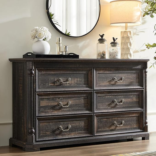 Yechen 6 Drawer Dresser for Bedroom,Storage Dressers Organizer, Vintage Farmhouse 6 Drawer Dresser for Bedroom,Heavy Duty Rustic Chest of Drawers for Living Room & Hallway (Dark Rustic Oak)