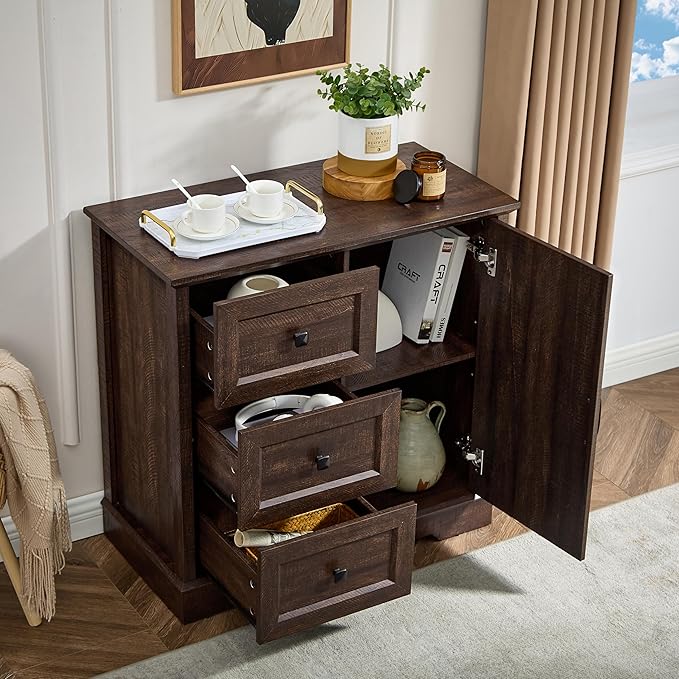 3+1 Dresser for Bedroom, Cherry Dressers Storage with Wooden Drawers and Cross Door, TV Stand Chest of Drawers for Bedroom, Living Room