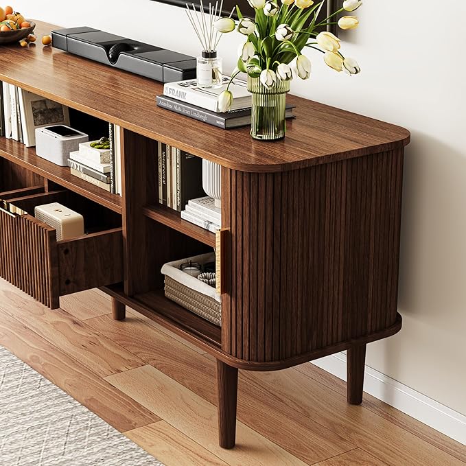 TV Stand 62.4 Inch Mid Century Modern Media Console Table with Drawer Shelves Sliding Tambour Door Farmhouse Sideboard Buffet Cabinet Fits TVs up to 75 inch Fluted Wood Entertainment Center